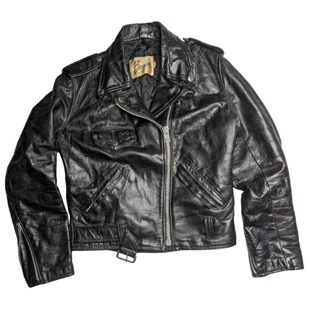 Vintage 1970s Berman's Black Leather Wide Zip Collared Moto Biker Jacket M